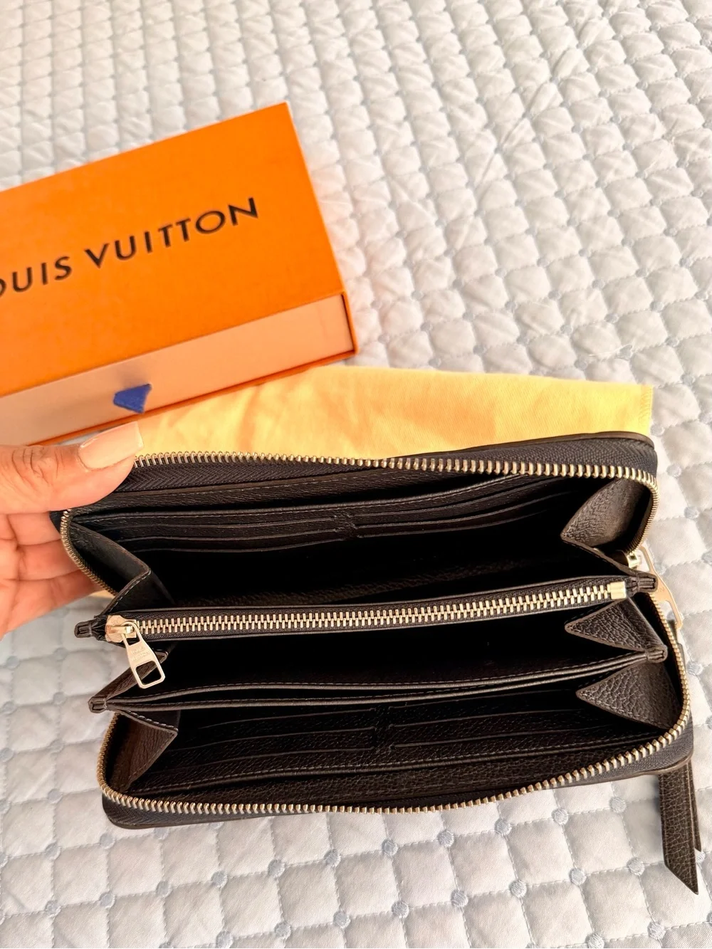 Louis Vuitton Monogram Empreinte Zippy Wallet Flower Stud Long Marine Blue